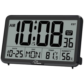 Digital Wall Clock Battery Operated Auto Set, Large Display with Temperature Humidity Date, Desk Calendar Alarm Clock for Home Office Bedroom, 8 Time Zones