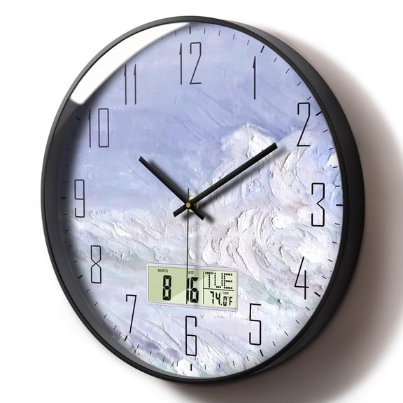 Digital Wall Clock Battery Operated with Day and Date Temperature Blue White Wave Calendar Clock with Large Display Silent for Room Bathroom Bedroom Living Room Farmhouse Decor 12 Inch