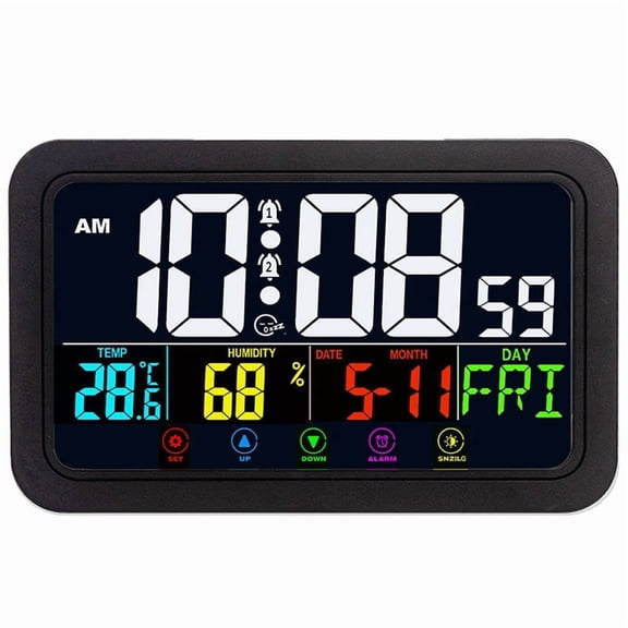Home 8-Inch Desk Clock with Temperature, Humidity, Day & Date - Battery Operated - Black