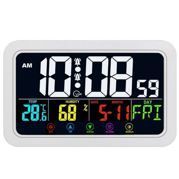 Digital Wall Clock, Clock Battery Operated,8 Inch Desk with Temperature Humidity Day Date White
