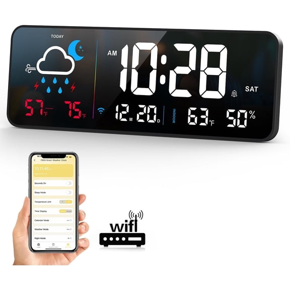 Digital Wall Clock, Digital Clock Large Display with Network Auto-Synced, Corded LED Clocks Real-Time Shows Weather, Indoor/Outdoor Temp Humidity for Living Room Bedroom Classroom Office