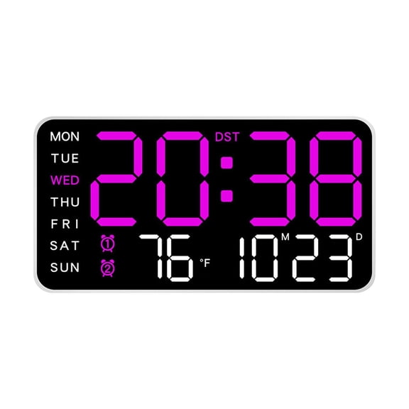 Digital Wall Clock, Digital Clock Large Display with Remote Control, Corded LED Alarm Clocks with Date, Week, Temp, Humidity, Auto DST, Countdown, for Living Room, Office, White Shell, Purple