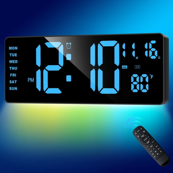 Digital Wall Clock Ice Blue With Night Light 16.5 Inch LED Display For Living Room Bedroom Office Decor