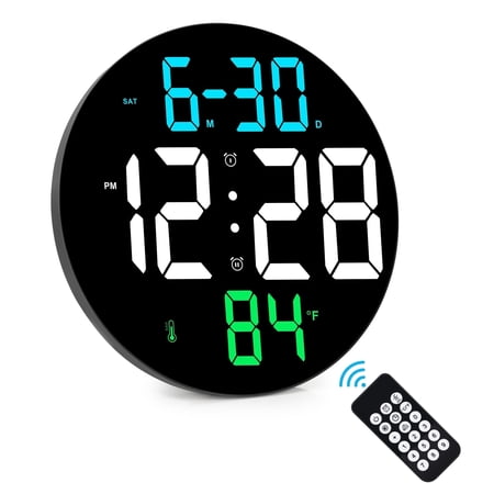 9" Digital Wall Clock with Large umber, Remote Control, Temperature, Date