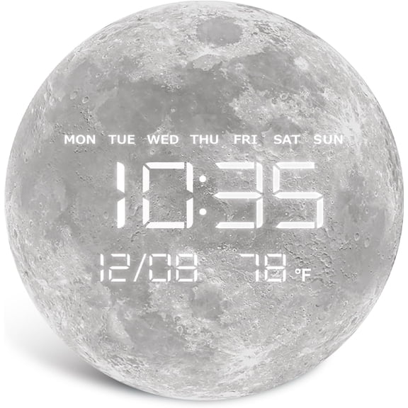 Digital Wall Clock, LED Moon/Earth Design, Temperature Display, 7.87 x 7.87 inches (Moon, 12.59 INCH)