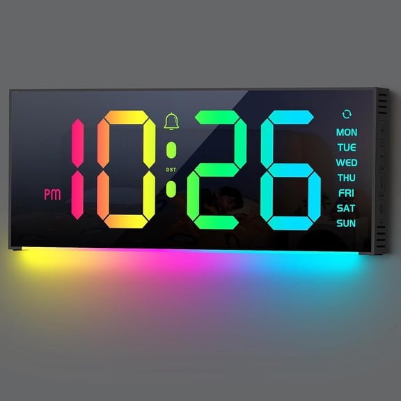Digital Wall Clock Large Display, 13" Clock with 12 RGB Colors Changing Remote Control, LED Clocks with Night Lights for Living Room Bedroom Office Wall Decor, Black
