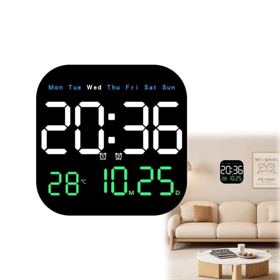 Digital Wall Clock Large Display 2026 | LED Alarm Clock with Remote, Temperature, Calendar Day, Dimmable Brightness, Timer | Battery Operated for Wall or Desk | Modern Home Bedroom Office