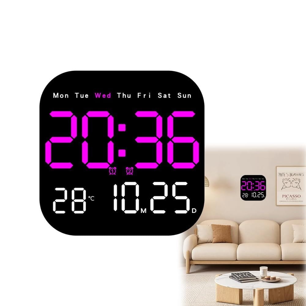 Digital Wall Clock Large Display 2026 | LED Alarm Clock with Remote, Temperature, Calendar Day, Dimmable Brightness, Timer | Battery Operated for Wall or Desk | Modern Home Bedroom Office