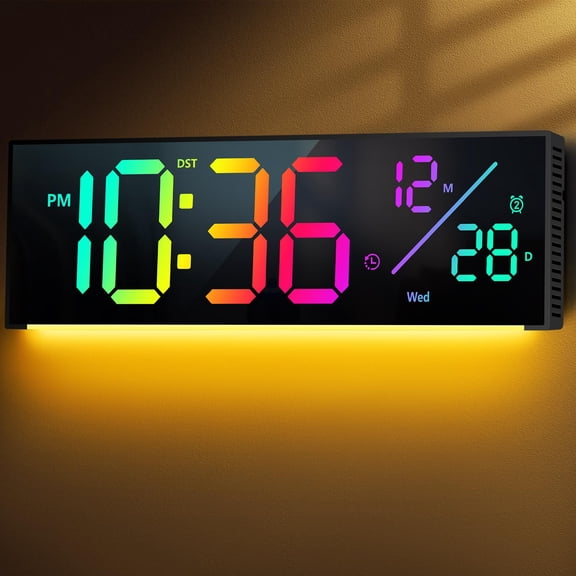Digital Wall Clock, Large Display Digital Clock with 11 RGB Colors, Wall Clock with Night Light, Alarm Clock, Date, Week, Temp, DST for Living Room, Bedroom, Classroom Decor, Gift for Senior Mom Dad