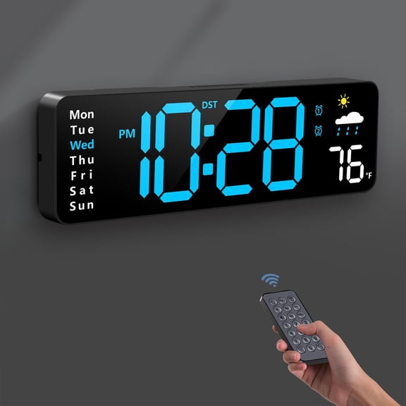 Digital Wall Clock Large Display With Remote Control Corded Led Alarm Clocks Date Week Temp Humidity Auto Dst Countdown For Living Room Bedroom Classroom Office (blue)