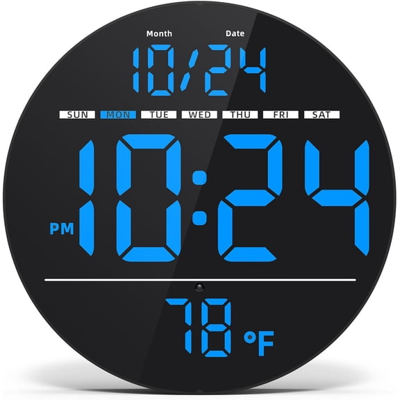 Digital Wall Clock with Large LED Display, Date, Temperature, Auto-Brightness | Small [PLUG-IN] Clock | Modern Electric Wall Clock for Bedroom, Classroom, Living Room, Home, Office, Farmhouse - Blue
