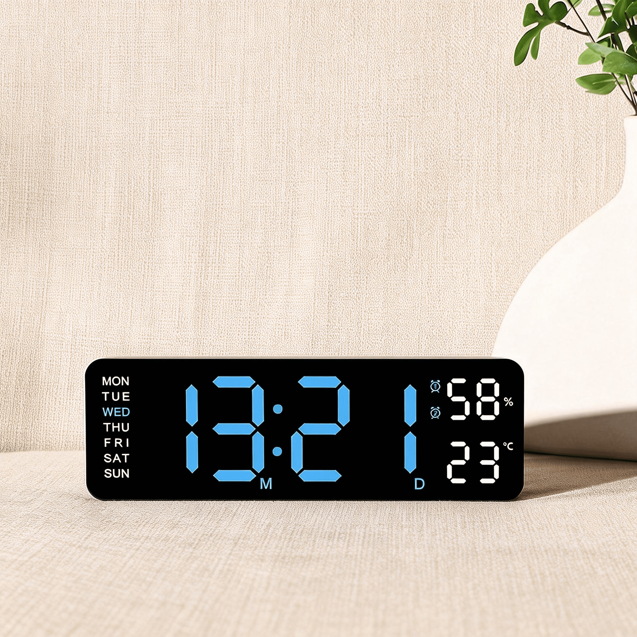 Digital Wall Clock Large LED Display Dual Alarm Temperature Humidity Auto Dimming Big Numbers Desk Clock Calendar Day Date Week Display Plug in Classroom Office Bedroom Living Room Kitchen Wall Mount