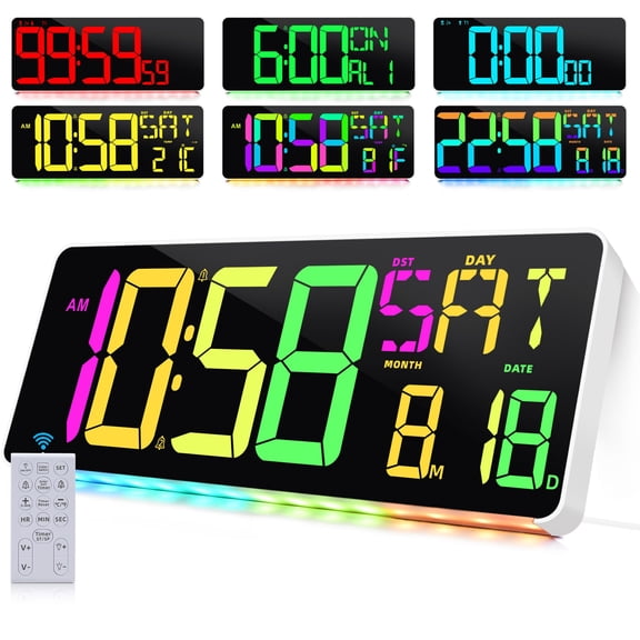 Digital Wall Clock Large LED Display Remote Temp Date DST Dimmable for Home Office Gym Garage
