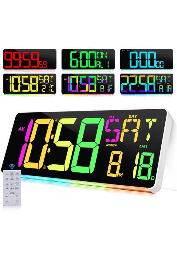 Digital Wall Clock Large LED Display Remote Temp Date DST Dimmable for Home Office Gym Garage