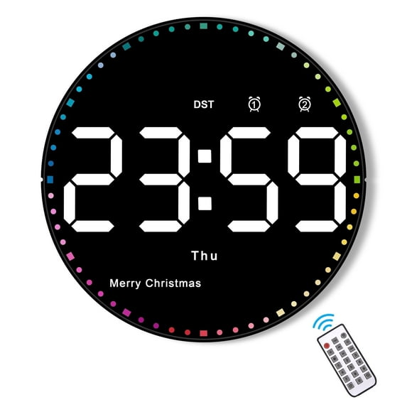10" Round Digital Wall Clock with Remote Control, Date, Temperature, Day of Week, Dimmable
