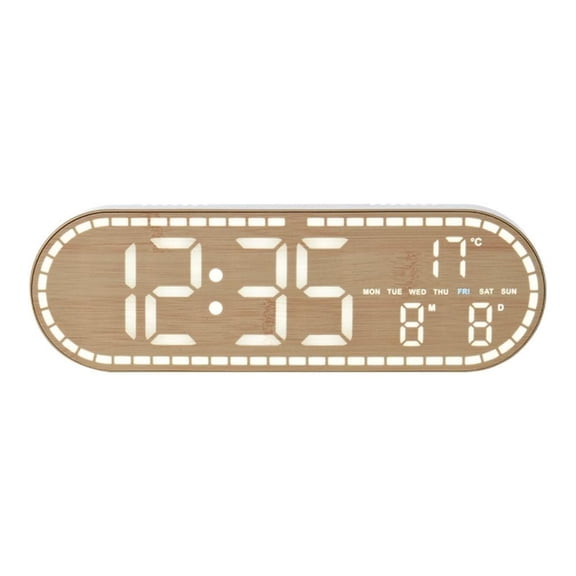 Digital Wall Clock with Date & Temperature, Full Screen LED Display, Adjustable Brightness, Wood Grain Finish, 9.85x3.15x1.06 Inch