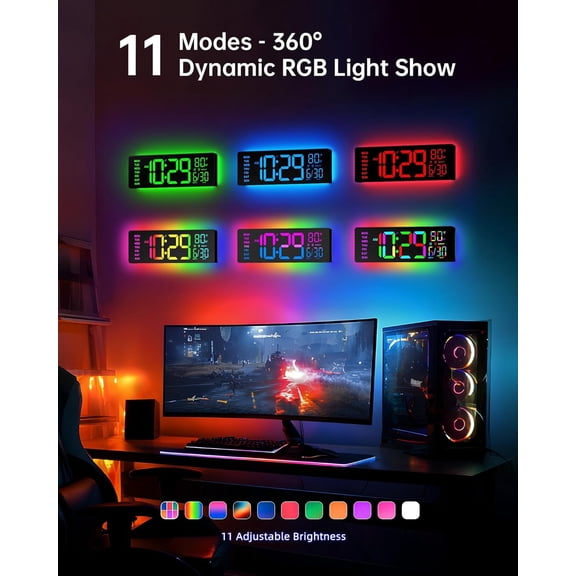 Digital Wall Clock with LED Display RGB Lights, with Remote Control ,BIuetooth Sync, Dual Alarms, Auto DST, Countdown, Remote Control, Temperature