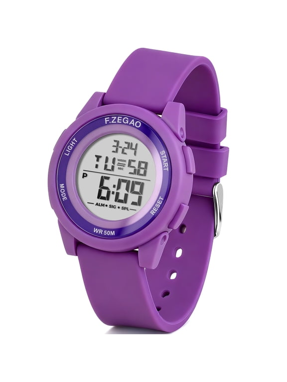 Digital Watch Womens with Stopwatch Alarm, 5ATM Waterproof Watches for Women Silicone Band, Purple