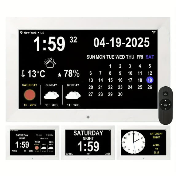 Digital Weather Clock with Temperature & Humidity Forecast, 12 Alarms, Color Display, Moon Phase, Calendar, USB/SD Slot for Photos/Videos – Home Office Wall Clock, Smart Home Compatible