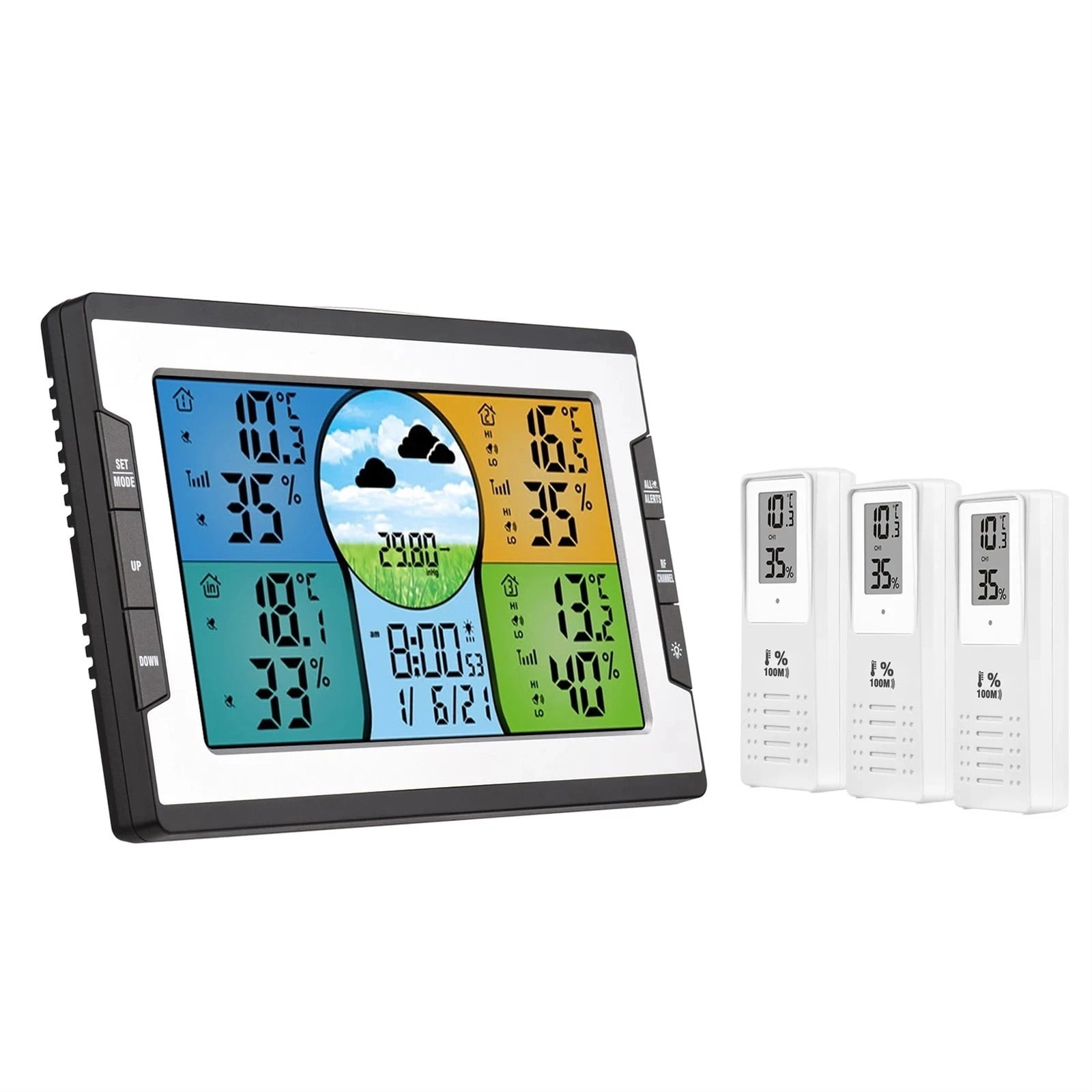 Digital Weather Station with 3 Remote Sensors 328ft/100m Indoor Outdoor Temperature Humidity Monitor Alarm Clock for Home Office ,Excellent Visual Experience