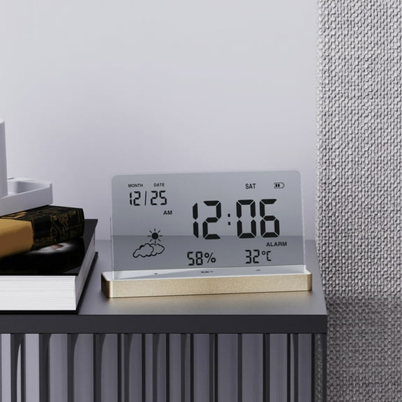 Digital Weather Station Clock, Rvkxad Multi-Function LCD Large Screen Indoor Temperature Humidity Meter, Alarm Clock Weekly Calendar Weather Forecast Snooze 12/24H Timer for Bedroom Office, Gold