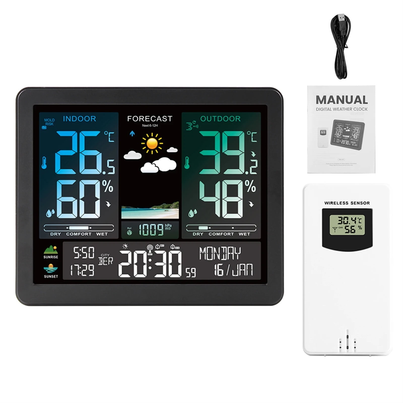 Digital Weather Station Temperature Humidity Meter Barometric Pressure Moon Phase Weather Forecast Hygrothermograph Clock ,High Precision