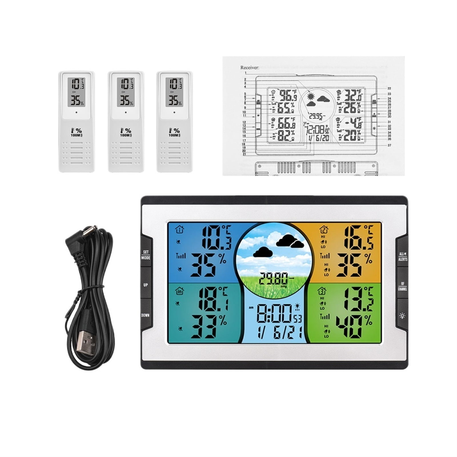 Digital Weather Station with 3 Remote Sensors 328ft/ 100m Temperature Humidity Alarm Clock with Weather Function for Warehouse ,High Precision