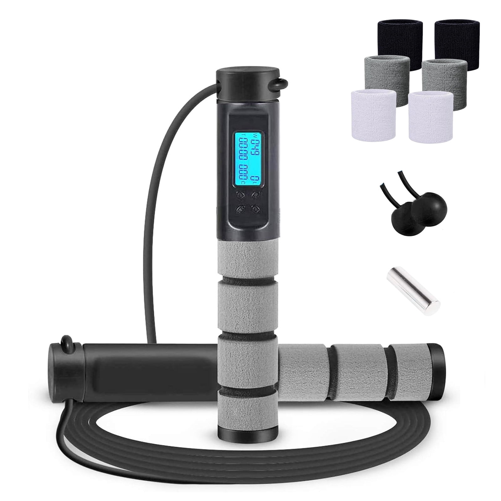 Digital Weighted Jump Rope with Calorie Counter Includes 6 Sweat Wristbands, Adjustable 9ft Cord & Cordless Mode