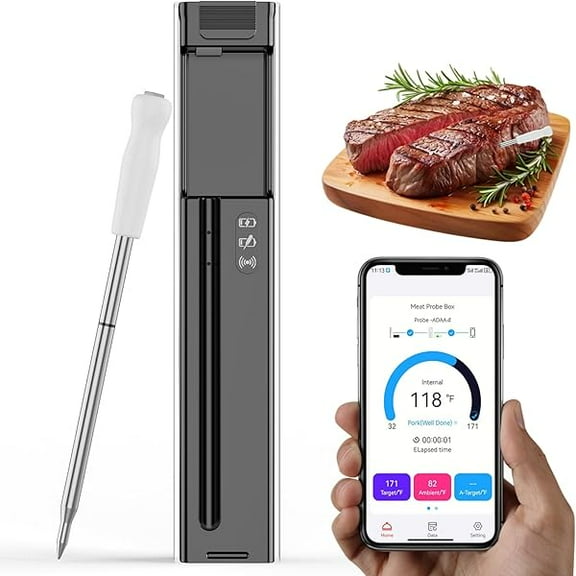 Digital Wireless Bluetooth Meat Thermometer, Smart Meat Probe for BBQ, Oven, Grill & Smoker - Perfect for Steak, Pork, and Turkey, iOS & Android App Compatible