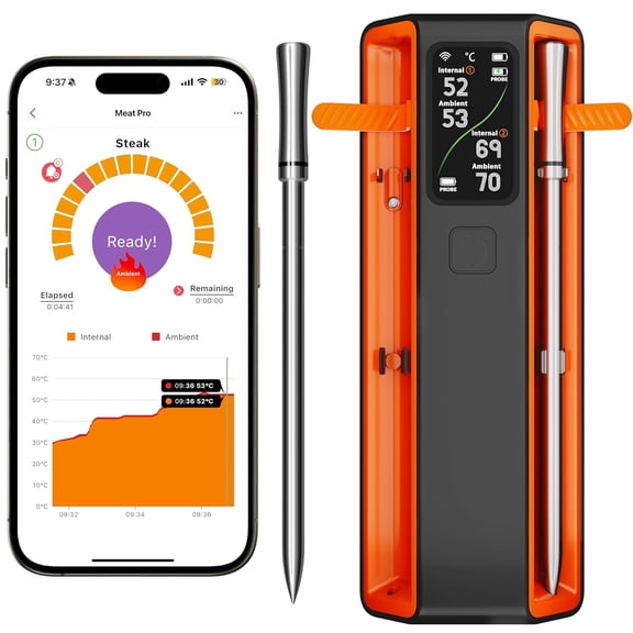 Digital Wireless Meat Thermometer with Bluetooth, 2-Probe LCD Display, Orange Waterproof, for Grill, BBQ, Smoker, Air Fryer, Oven, and Kitchen Use