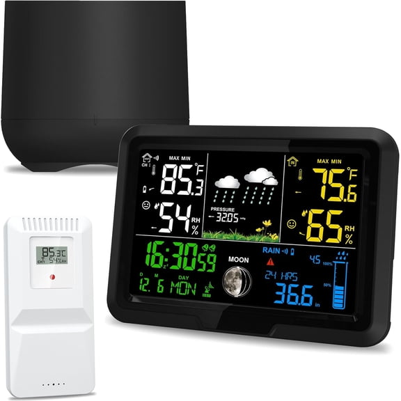 Digital Wireless Rain Gauge Outdoor, Home Weather Station Wireless Indoor Outdoor with Self-Emptying Rain Gauge, Thermometer, Barometer, Hygrometer, Atomic Clock, Weather Forecast and Alerts