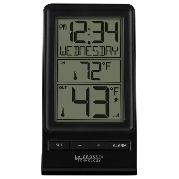 Digital Wireless Thermometer with Time, Indoor Outdoor Temp - 330ft Range, HI/LO Records, Date & Alarm Clock - Black