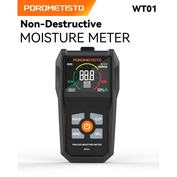 Digital Wood Moisture Meter, Pinless 6-in-1 Handheld Non-Destructive Moisture Detector for Wood, Wallboard, and Masonry, Visual/Audible Alarm, Humidity Temperature Auto Teste, Water Leak Detector
