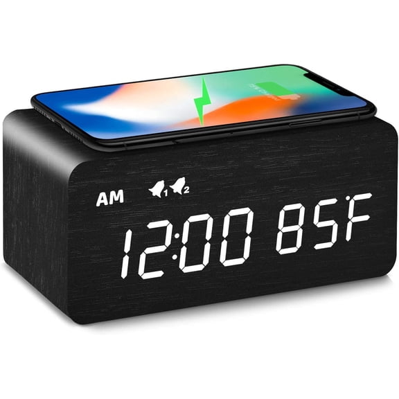 Digital Wooden Alarm Clock with Wireless Charging, 0-100% Dimmer, Dual Alarm, Weekday/Weekend Mode, Snooze, Wood LED Clocks for Bedroom, Bedside, Desk, Kids (Black)