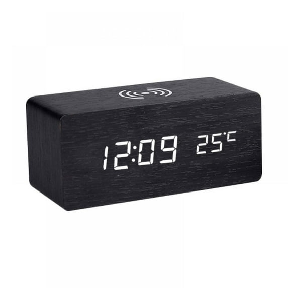 Digital Wooden Alarm Clock with Wireless Charging, 3 Alarm LED Display, Snooze, Sound Control, Adjustable Brightness, Wood Made Electric Clocks for Bedroom, Bedside, Kid