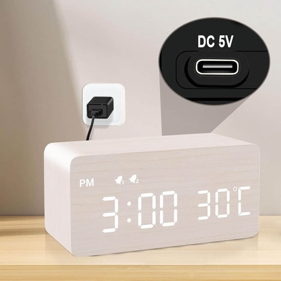 Digital Wooden Alarm Clock with Wireless Charging, Dimmer, Dual Alarm, Weekday/Weekend Mode, Snooze, LED Clocks for Bedroom, Bedside, Desk