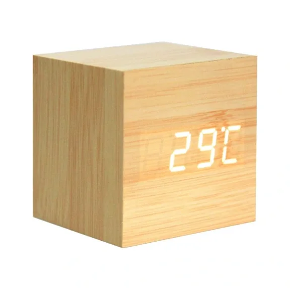 Digital alarm clock, modern wooden cube design with sound control