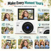 5K 75MP WiFi Vlogging Camera, 180  Flip Screen, 18X Zoom, 2 Batteries,32GB Card,Teens & Beginners
