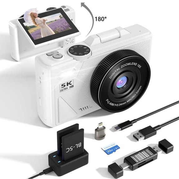 Digital camera 5k,180digital camera with flip screen,18X Digital Zoom vlogging camera,Portable Retro Camera,With for 2 batteries,Compact Travel Camera for Teens,Summer Gifts