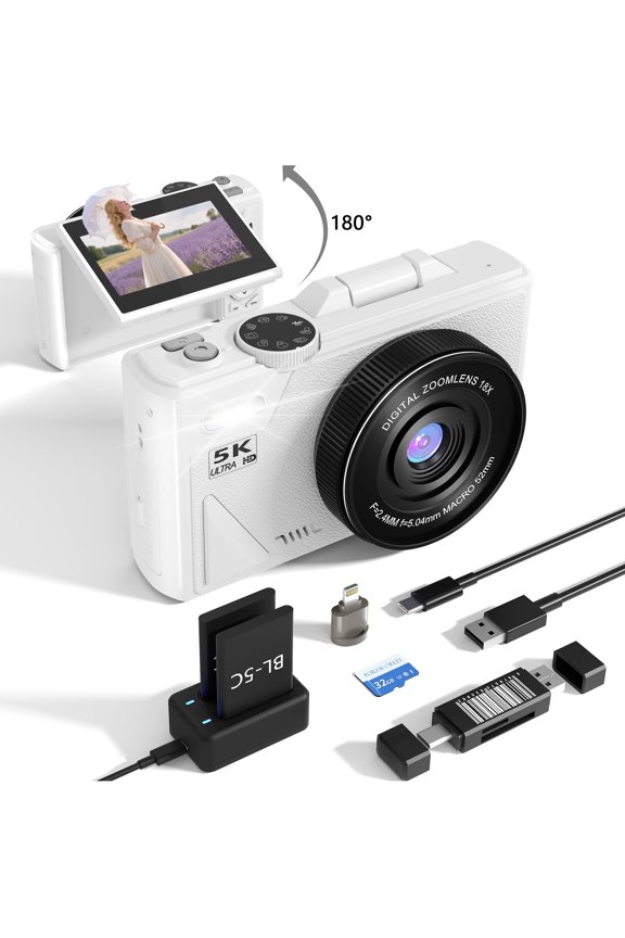 Digital camera 5k,180digital camera with flip screen,18X Digital Zoom vlogging camera,Portable Retro Camera,With for 2 batteries,Compact Travel Camera for Teens,Summer Gifts