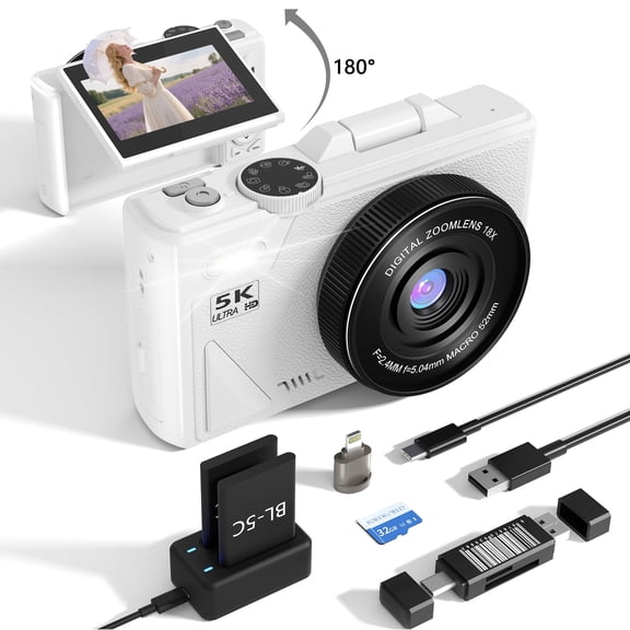 Digital camera 5k,180digital camera with flip screen,18X Digital Zoom vlogging camera,Portable Retro Camera,With for 2 batteries,Compact Travel Camera for Teens,Summer Gifts