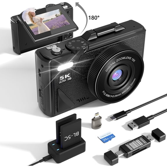 5K Vlogging Camera 75MP Photos 180 Flip Screen 18X Zoom Dual Batteries 3 Focus Modes Retro Portable Compact Travel Camera for Teens Summer Gift Black