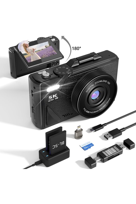 5K Vlogging Camera 75MP Photos 180 Flip Screen 18X Zoom Dual Batteries 3 Focus Modes Retro Portable Compact Travel Camera for Teens Summer Gift Black