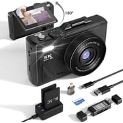 5K 75MP WiFi Vlogging Camera, 180 Degree Flip Screen, 18X Digital Zoom, 2 Batteries