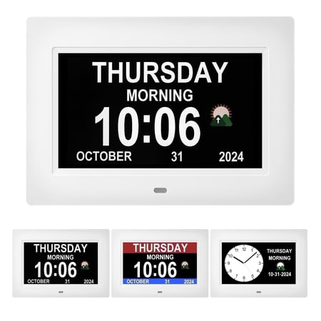 Memwake Multifunctional Large-Screen Digital Alarm Clock for Alzheimer's Patients with Date and Day of Week,Multiple Display Modes,7-inch White