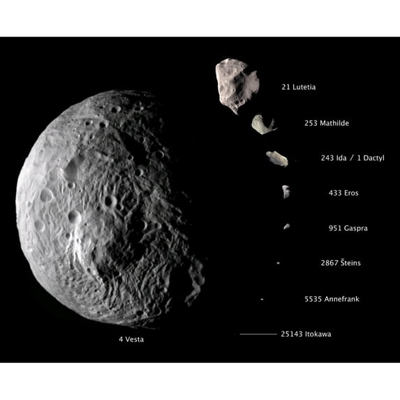 Digital composite showing the comparative sizes of nine asteroids Poster Print