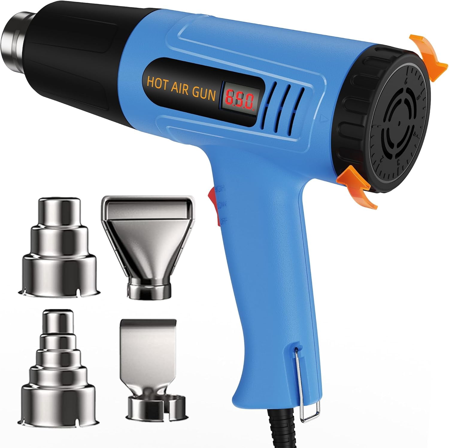 Digital heat gun, 110 adjustable heat gun equipped with 4 nozzles, side display, rear rotating temperature control, 50-650°C (122-1202℉), overcurrent protection, 4.9 feet cable portable heat gun, sui