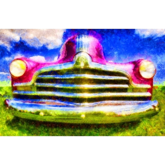Digital painting of the grill and bumper of a pink classic car by 770 Productions / Design Pics