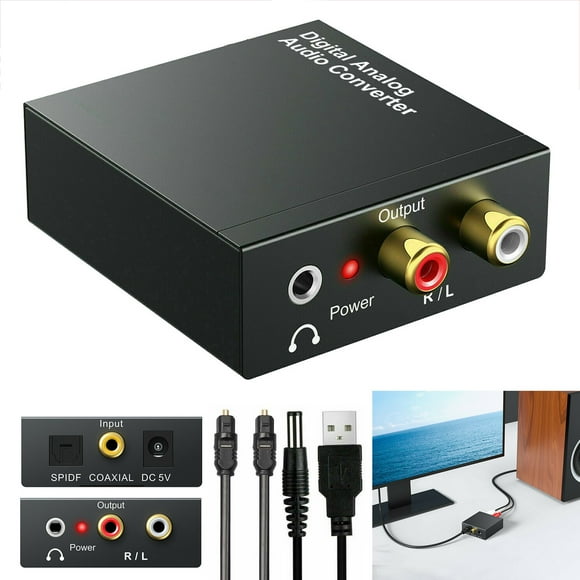 Digital-to-Analog Audio Converter, 96KHz DAC Digital Coaxial and Optical (Toslink/SPDIF) to Analog 3.5mm AUX and RCA (L/R) Stereo Audio Adapter DAC Converter with Fiber and Power Cable