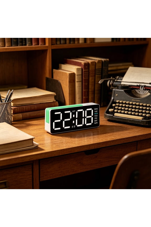 DigitalClock LED Display - Electronic Desk Clock Multi Functional Date Temperature Time, Adjustable Brightness, Dual Power, DST, Bedroom Office